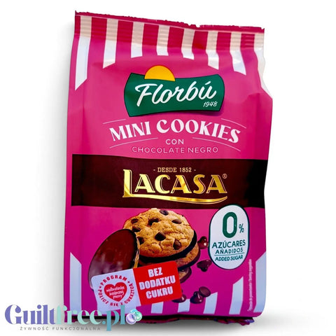 Opakowanie ciasteczek Guiltfree Florbu Lacasa Mini Cookies z kawałkami czekolady bez dodatku cukru na różowym tle