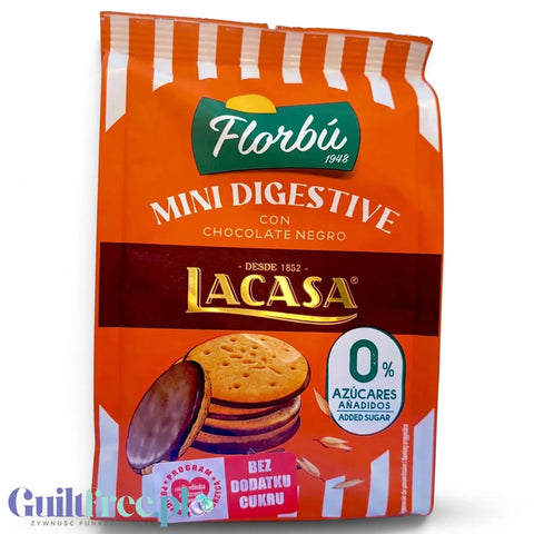 Opakowanie ciastek Guiltfree Florbu Mini Digestive w polewie z gorzkiej czekolady bez dodatku cukru na białym tle