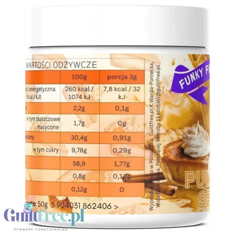 Słoik Guiltfree Funky Flavors Splash Pumpkin Spice z tabelą wartości odżywczych i grafiką korzennego deseru