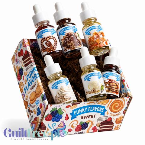 Zestaw 6 aromatów Guiltfree Funky Flavors Sweet w ozdobnym pudełku: Chocolush, Nutty Choc, Salted Caramel, Creme de la Creme, Vanilla i Maple Bacon Pancake.