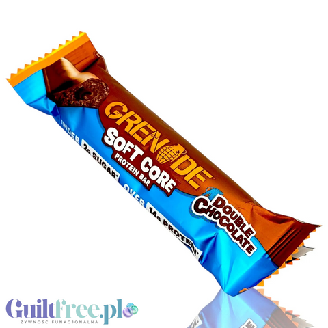 Baton proteinowy Guiltfree Grenade Soft Core Double Chocolate w niebiesko-pomarańczowym opakowaniu