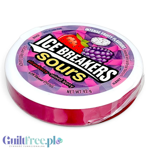 Guiltfree Ice Breakers Sours cukierki bez cukru o smaku truskawki i jagody w okrągłym opakowaniu