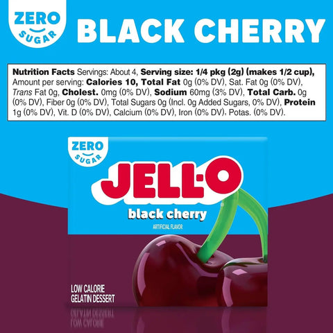 Opakowanie galaretki Guiltfree Jell-O o smaku czarnej wiśni bez cukru z informacją o niskiej zawartości kalorii