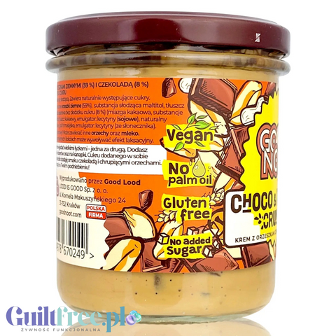 Słoik kremu orzechowo-czekoladowego Guiltfree Good Noot Choco & Peanoot Crunchy z widoczną etykietą i składem.