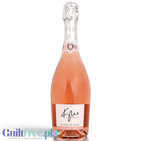 Butelka bezalkoholowego wina musującego Kylie Minogue Sparkling Rose w kolorze pudrowego różu z etykietą Guiltfree