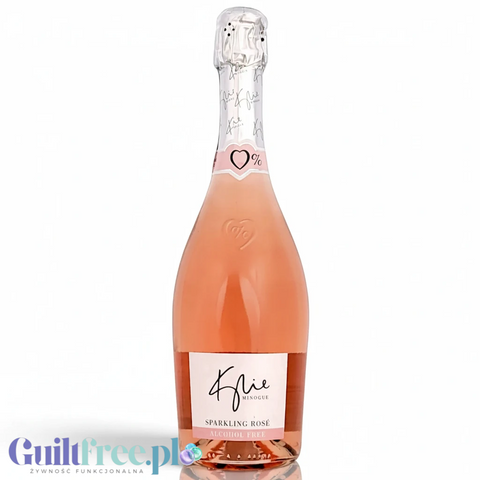 Butelka bezalkoholowego wina musującego Kylie Minogue Sparkling Rosé w kolorze pudrowego różu na białym tle.