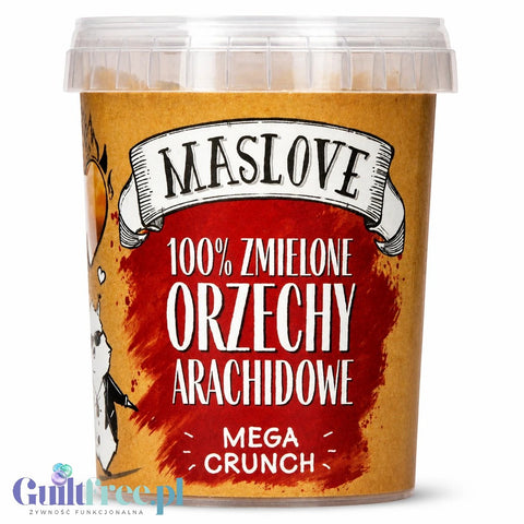 Słoik Guiltfree Maslove Masło Orzechowe Extra Crunch z kawałkami orzechów arachidowych na białym tle