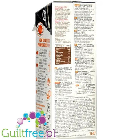 Tylna etykieta napoju owsianego Guiltfree MixIt Nature Barista Pumpkin Spice z informacjami o składzie i użyciu