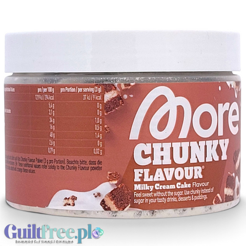 Guiltfree More Nutrition Chunky Flavour Milky Cream Cake w plastikowym słoiku z etykietą o smaku ciasta wuzetka