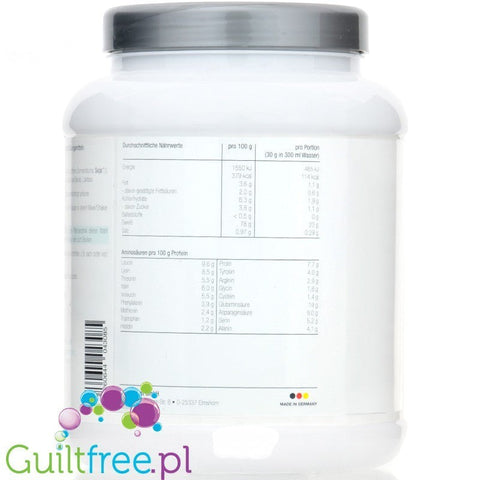 Etykieta z wartościami odżywczymi na białym opakowaniu odżywki białkowej Guiltfree More Nutrition Total Protein