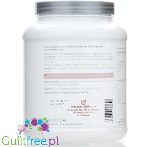 Opakowanie odżywki białkowej Guiltfree More Nutrition Total Protein o smaku jogurtu wiśniowego z etykietą składu