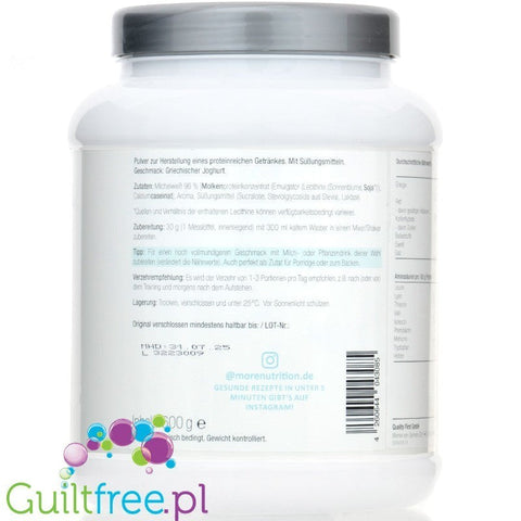 Biała puszka odżywki białkowej Guiltfree More Nutrition Total Protein o smaku greckiego jogurtu z widocznym składem