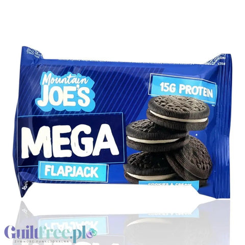 Baton proteinowy Guiltfree Mountain Joe's Mega Flapjack o smaku ciasteczek z kremem w niebieskim opakowaniu