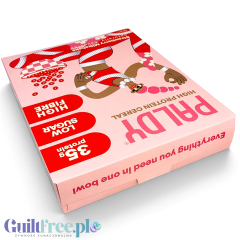 Opakowanie Guiltfree Paldy Strawberry Milkshake, różowe proteinowe płatki śniadaniowe bez glutenu z grafiką postaci.