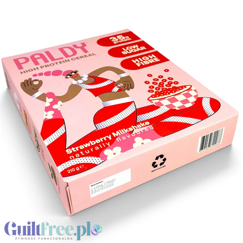 Opakowanie Guiltfree Paldy Strawberry Milkshake, różowe proteinowe płatki śniadaniowe w formie chrupiących kółeczek