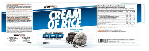 Opakowanie Guiltfree Per4m Cream of Rice o smaku ciasteczkowym, 2kg kleiku ryżowego z tabelą wartości odżywczych.