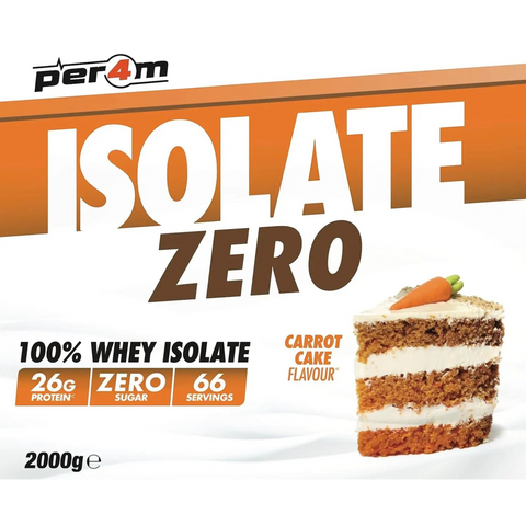 Opakowanie Guiltfree Per4m Isolate Zero o smaku ciasta marchewkowego z grafiką apetycznego kawałka ciasta