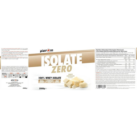 Opakowanie Guiltfree Per4m Isolate Zero o smaku białej czekolady, izolat białka serwatkowego 2kg z tabelą wartości