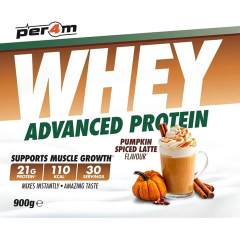 Opakowanie Guiltfree Per4m Whey Advanced Protein o smaku Pumpkin Spiced Latte z grafiką kawy, dyni i cynamonu.