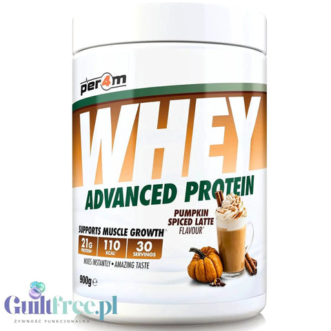 Odżywka białkowa Guiltfree Per4m Whey Advanced Protein o smaku Pumpkin Spiced Latte w białym opakowaniu 900g.