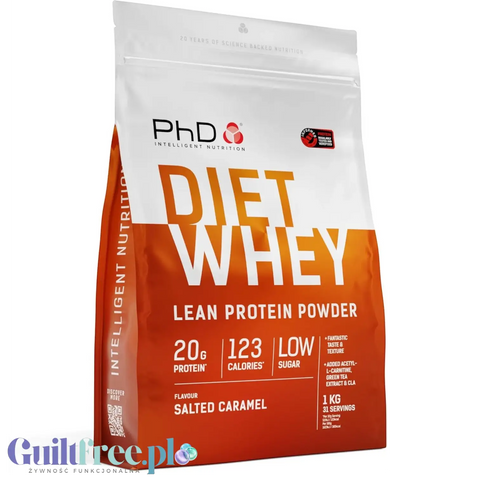 Opakowanie odżywki białkowej Guiltfree PhD Diet Whey o smaku solonego karmelu 1kg z informacją o 20g białka w porcji.