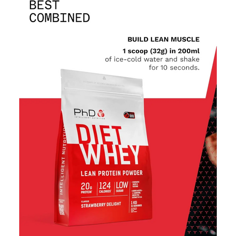 Opakowanie Guiltfree PhD Diet Whey o smaku truskawkowym, wysokobiałkowa odżywka z CLA i ekstraktem z zielonej herbaty