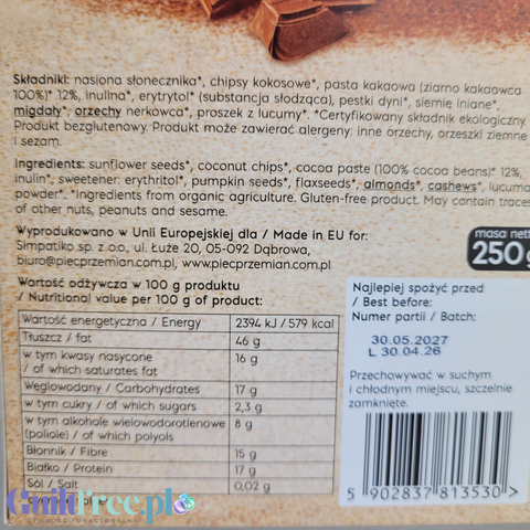 Etykieta z tyłu opakowania Guiltfree Pięć Przemian Granola Keto z informacjami o składzie i wartościach odżywczych