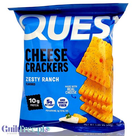 Opakowanie Guiltfree Quest Cheese Crackers Zesty Ranch, wysokobiałkowe krakersy serowe o smaku maślanki i ziół.