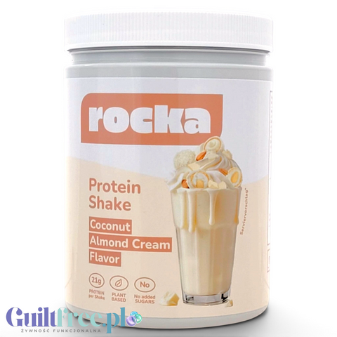 Guiltfree Rocka Nutrition wegańska odżywka białkowa Coconut Almond Cream w słoiku o kremowym smaku kokosa i migdałów
