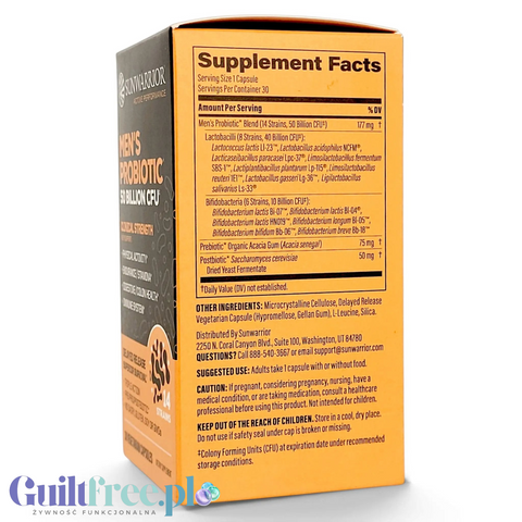 Etykieta suplementu Guiltfree Sunwarrior Men's Probiotic z informacją o 50 miliardach CFU i 14 szczepach bakterii.