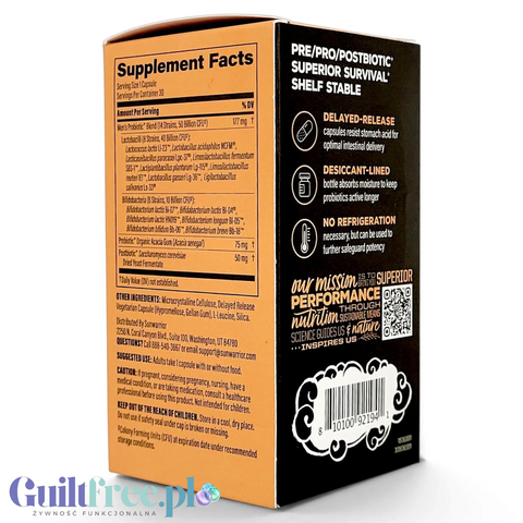 Etykieta suplementu Guiltfree Sunwarrior Men's Probiotic z informacją o składzie, 50 miliardach CFU i 14 szczepach.