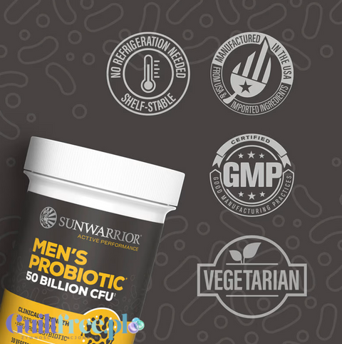 Guiltfree Sunwarrior Men's Probiotic 50 Billion CFU w opakowaniu z oznaczeniami wegetariańskim i GMP