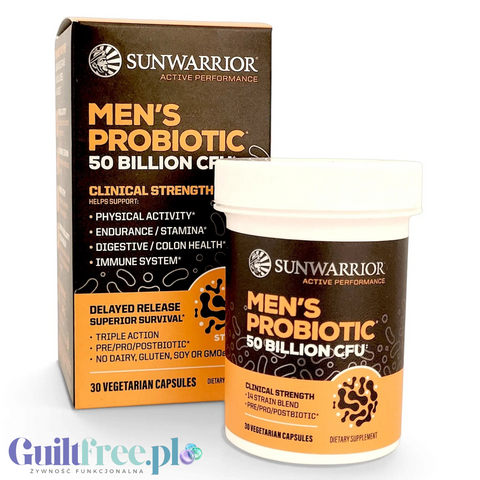 Suplement diety Guiltfree Sunwarrior Men's Probiotic w kapsułkach z 50 miliardami CFU, prebiotykiem i postbiotykiem.