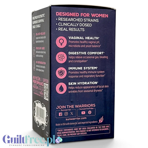 Tył opakowania suplementu Guiltfree Sunwarrior Women's Probiotic z opisem korzyści zdrowotnych dla kobiet