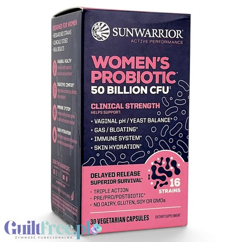 Opakowanie suplementu Guiltfree Sunwarrior Women's Probiotic z 50 miliardami CFU, 16 szczepami bakterii i prebiotykiem.