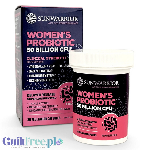 Suplement diety Guiltfree Sunwarrior Women's Probiotic w kapsułkach z 50 miliardami CFU, prebiotykiem i postbiotykiem.