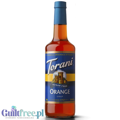 Butelka syropu Guiltfree Torani Orange bez cukru o pojemności 0,75L z dołączoną złotą pompką dozującą na białym tle.