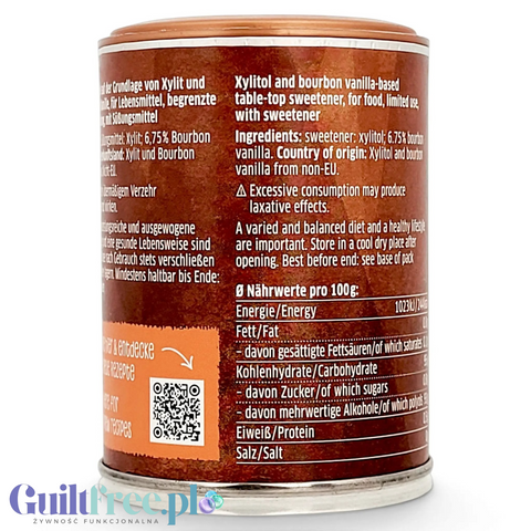 Guiltfree Xucker Bourbon Vanilla ksylitol z naturalną wanilią w brązowej puszce z informacjami o składzie